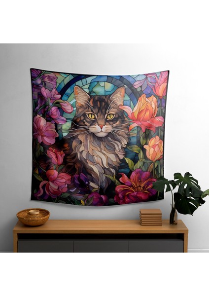 Bahçedeki Zarif Kedi Duvar Örtüsü - %100 Pamuk Arka, Polyester Ön - Ranforce Kumaş, Canlı