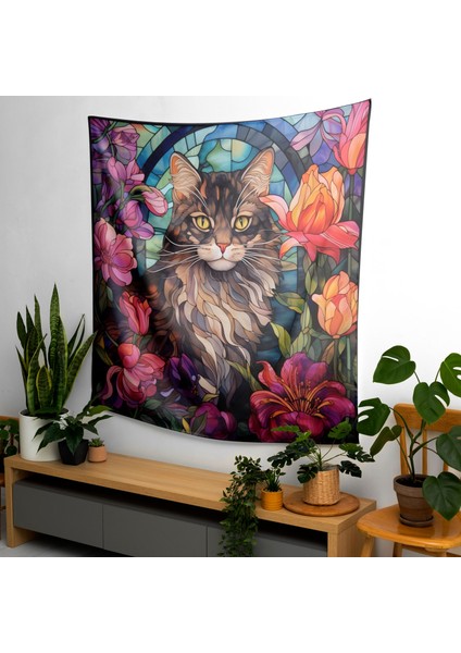 Bahçedeki Zarif Kedi Duvar Örtüsü - %100 Pamuk Arka, Polyester Ön - Ranforce Kumaş, Canlı fiyatları