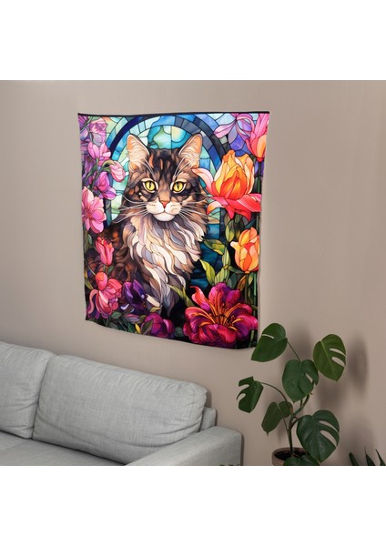 Bahçedeki Zarif Kedi Duvar Örtüsü - %100 Pamuk Arka, Polyester Ön - Ranforce Kumaş, Canlı modelleri