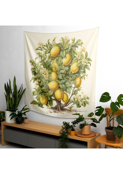 Gerçekçi Botanik Limon Ağacı Duvar Örtüsü - %100 Pamuk Sırt, Polyester Ön - Canlı Renkler, fiyatları