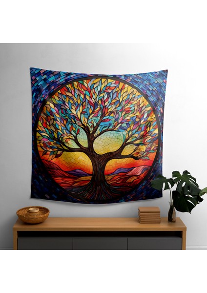 Serene Hayat Ağacı Duvar Örtüsü - %100 Pamuk Sırt ve Polyester Ön - Canlı Renkler - Yatak