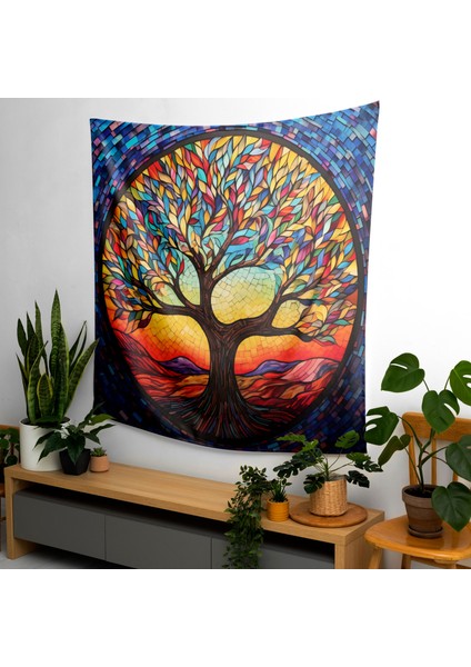 Serene Hayat Ağacı Duvar Örtüsü - %100 Pamuk Sırt ve Polyester Ön - Canlı Renkler - Yatak