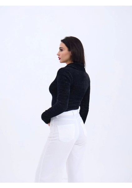 42531 Triko Simli Yakalı Crop-Siyah