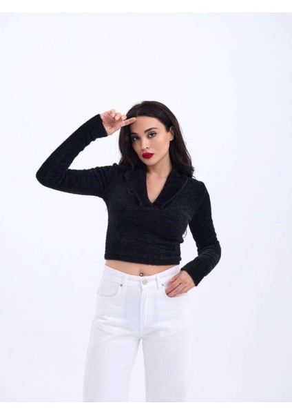 42531 Triko Simli Yakalı Crop-Siyah