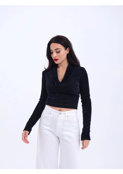 42531 Triko Simli Yakalı Crop-Siyah