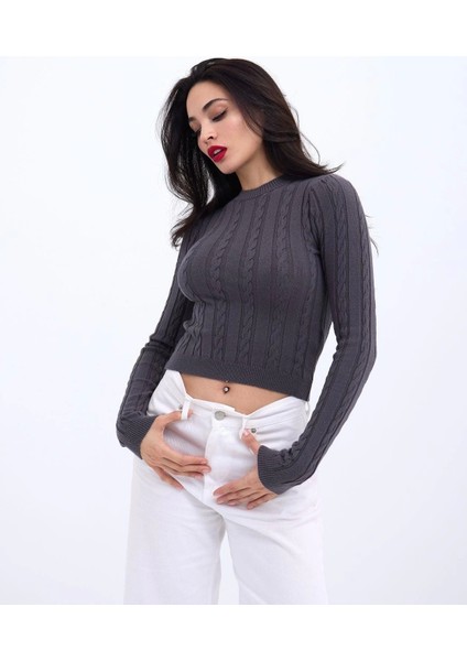 42491 Triko Saç Örgü Crop Kazak-Antrasit