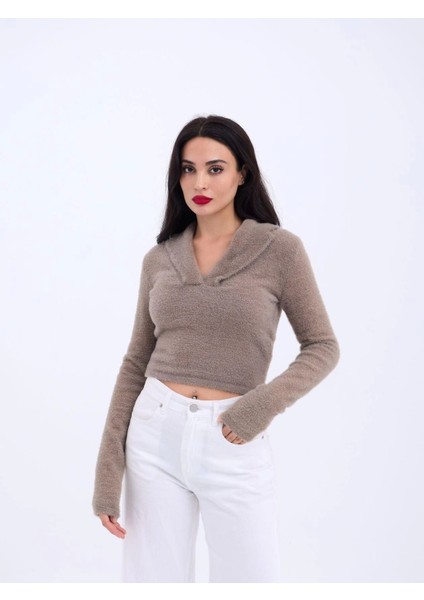 42531 Triko Simli Yakalı Crop-Kahve