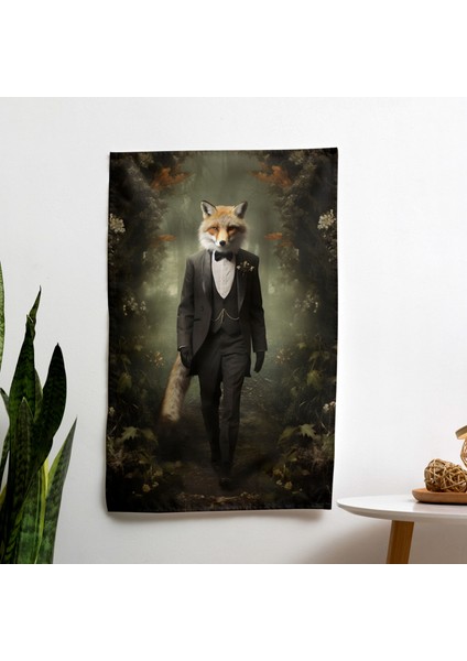 Smokin Duvar Örtüsü Giymiş Fantastik Tilki Hayvanları - %100 Pamuk Sırt, Polyester Ön, Süblimasyon