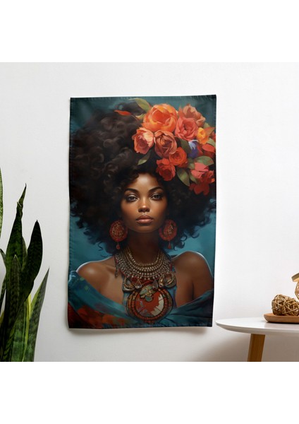 Afro Kraliçe Portre Kumaş Duvar Örtüsü - Canlı Süblimasyon Baskı, Ranforce Kumaş, Yatak Odası,