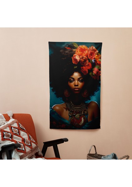 Afro Kraliçe Portre Kumaş Duvar Örtüsü - Canlı Süblimasyon Baskı, Ranforce Kumaş, Yatak Odası,