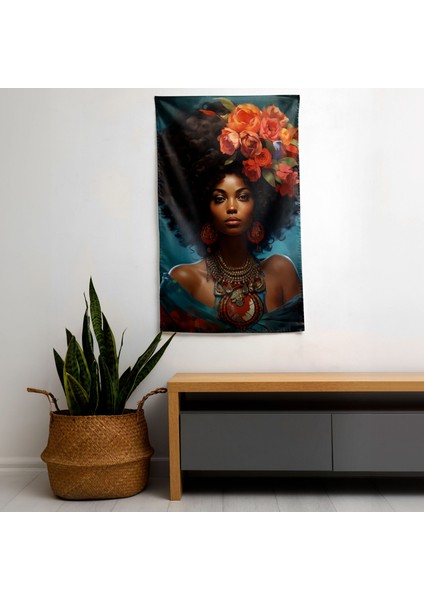 Afro Kraliçe Portre Kumaş Duvar Örtüsü - Canlı Süblimasyon Baskı, Ranforce Kumaş, Yatak Odası,