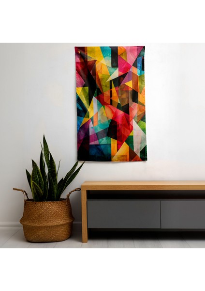 Kübizm Geometrik Şekiller Duvar Örtüsü - %100 Pamuk Sırt, Polyester Ön - Canlı Renkler - Yatak
