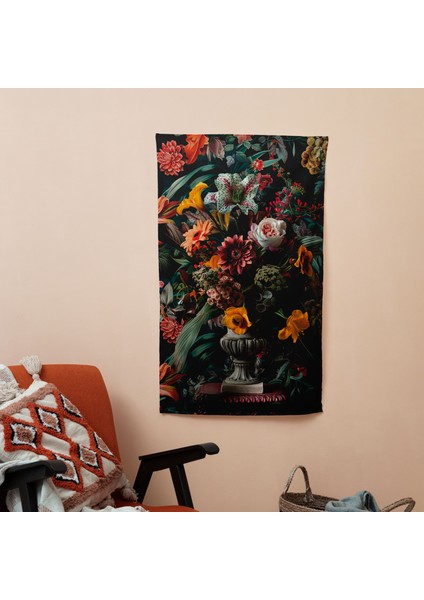 Pop Çiçekli Duvar Sanatı Örtü - %100 Pamuk Sırt, Polyester Ön - Canlı Renkler - Yatak Odası,