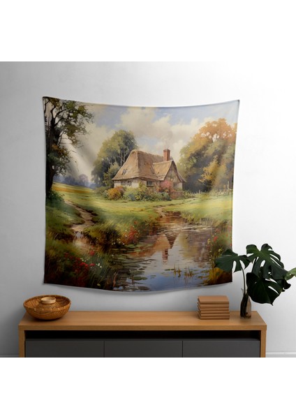 Vintage Serene Cottage Duvar Örtüsü - %100 Pamuk Sırtlı, Polyester Ön - Canlı Süblimasyon