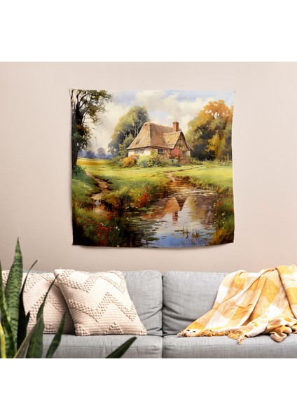 Vintage Serene Cottage Duvar Örtüsü - %100 Pamuk Sırtlı, Polyester Ön - Canlı Süblimasyon