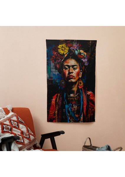 Frida Kahlo Tarzı Modern Sanat Duvar Örtüsü - Ranforce Kumaş, Canlı Renkler - Yatak Odası,