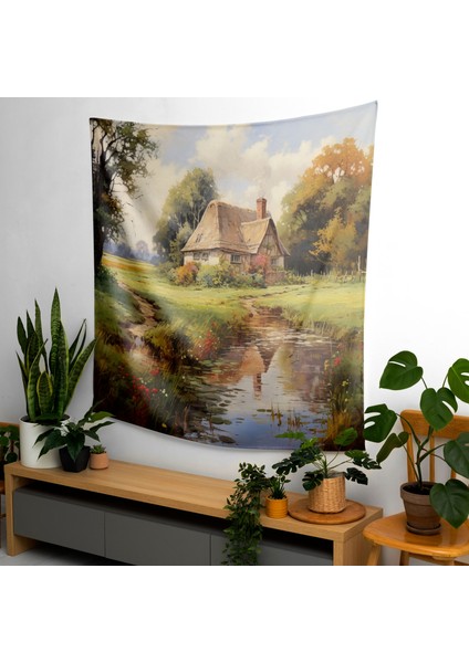 Vintage Serene Cottage Duvar Örtüsü - %100 Pamuk Sırtlı, Polyester Ön - Canlı Süblimasyon