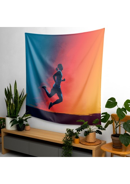 Canlı Koşucu Siluet Duvar Örtüsü - %100 Pamuk Sırt ve Polyester Ön - Yatak Odası, Oturma Odası