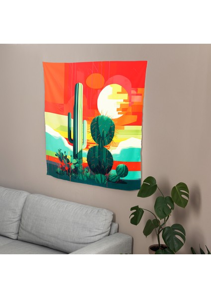 Geometrik Kaktüs Duvar Örtüsü - %100 Pamuk Sırtlı, Canlı Polyester Ön - Ranforce Kumaş, Hafif