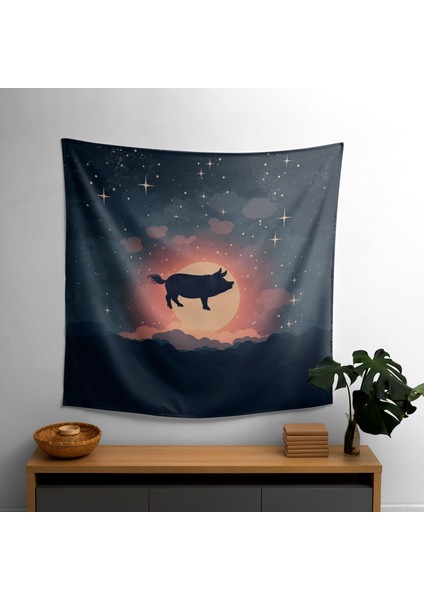 Pink Floyd Minimalist Uçan Domuz Duvar Örtüsü - %100 Pamuk Arka, Polyester Ön - Canlı Renkler