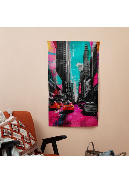 Neon Şehir Sokakları Duvar Sanatı Duvar Örtü - Canlı Renkler ve Süblimasyon Baskı ile Modern