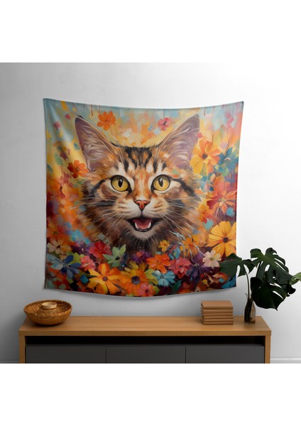 Canlı Çiçek Soyut Duvar Örtüsü - %100 PAMUK/%100 Polyester - Ranforce Kumaş - Süblimasyon