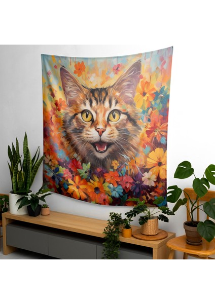 Canlı Çiçek Soyut Duvar Örtüsü - %100 PAMUK/%100 Polyester - Ranforce Kumaş - Süblimasyon