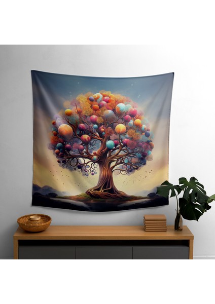 Gerçeküstü Hayat Ağacı Duvar Örtüsü - %100 Pamuk Sırt, Polyester Ön, Ranforce Kumaş - Canlı