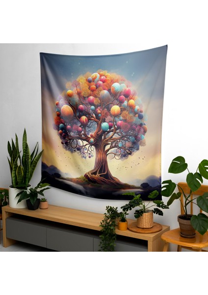 Gerçeküstü Hayat Ağacı Duvar Örtüsü - %100 Pamuk Sırt, Polyester Ön, Ranforce Kumaş - Canlı