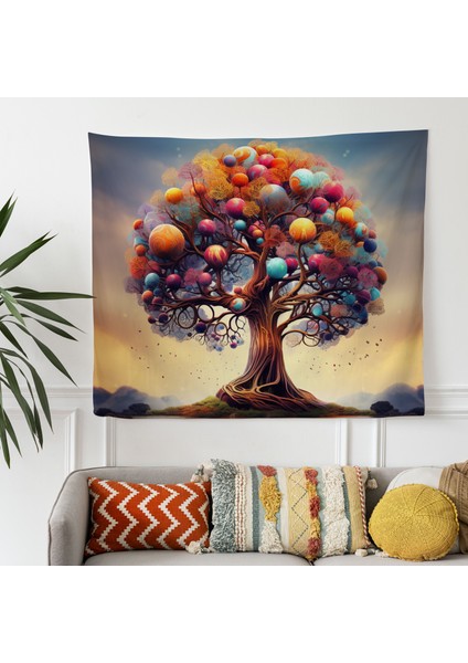 Gerçeküstü Hayat Ağacı Duvar Örtüsü - %100 Pamuk Sırt, Polyester Ön, Ranforce Kumaş - Canlı