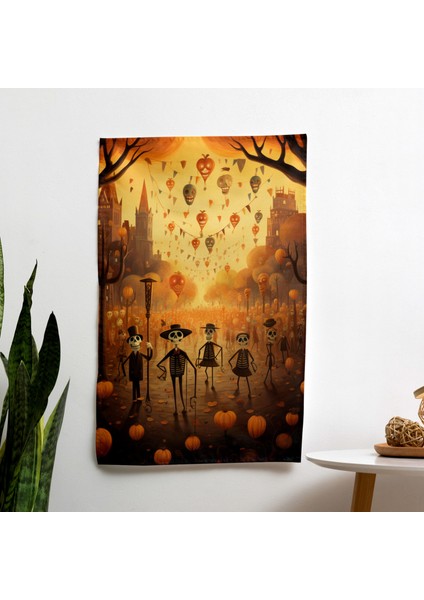 Eğlenceli Los Muertos Dekoratif Duvar Örtüsü - %100 Polyester Ön Cephe - Canlı Renkler - Yatak