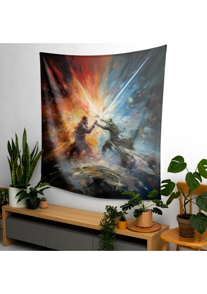 Soyut Kozmik Kaos Işın Kılıcı Düello Duvar Örtüsü - %100 Pamuk Sırt, Polyester Ön - Canlı
