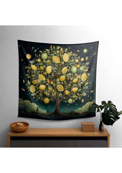 Kaprisli Limon Ağacı Duvar Örtüsü - Canlı Süblimasyon Baskı, %100 Pamuk ve Polyester Karışımı,