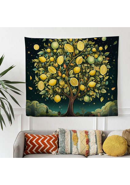 Kaprisli Limon Ağacı Duvar Örtüsü - Canlı Süblimasyon Baskı, %100 Pamuk ve Polyester Karışımı,