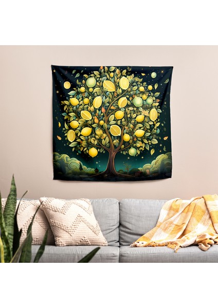 Kaprisli Limon Ağacı Duvar Örtüsü - Canlı Süblimasyon Baskı, %100 Pamuk ve Polyester Karışımı,