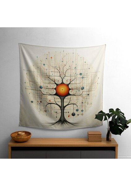 Geometrik Hayat Ağacı Duvar Örtüsü - %100 Pamuk Sırt, Polyester Ön - Canlı Renkler, Süblimasyon