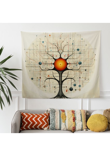 Geometrik Hayat Ağacı Duvar Örtüsü - %100 Pamuk Sırt, Polyester Ön - Canlı Renkler, Süblimasyon