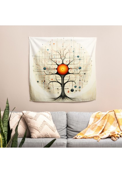 Geometrik Hayat Ağacı Duvar Örtüsü - %100 Pamuk Sırt, Polyester Ön - Canlı Renkler, Süblimasyon