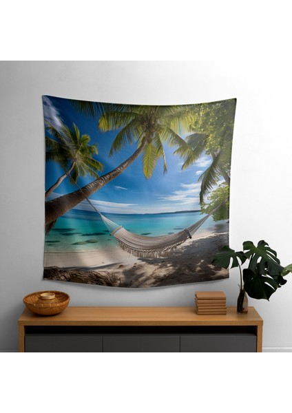 Tropikal Hamak Duvar Dekorasyonu - Ranforce Kumaşlı Canlı Baskılı Duvar Örtüsü - Yatak Odası,