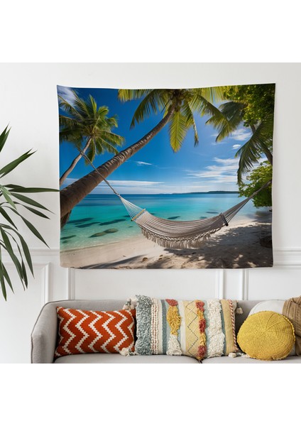 Tropikal Hamak Duvar Dekorasyonu - Ranforce Kumaşlı Canlı Baskılı Duvar Örtüsü - Yatak Odası, fiyatları