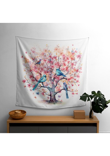 Zen Kuşları Suluboya Duvar Örtüsü - %100 Pamuk ve Polyester, Canlı Ranforce Kumaş - Yatak