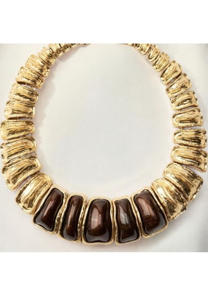 Gold Kahve Mineli Tasarım Kolye Şık ve Modern Kadın Kolye
