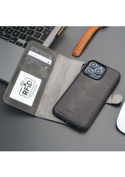 Casper iPhone 12 Pro Kılıf - El Yapımı Hakiki Deri - Manyetik Ayrılabilen Cüzdanlı Kılıf - Gri