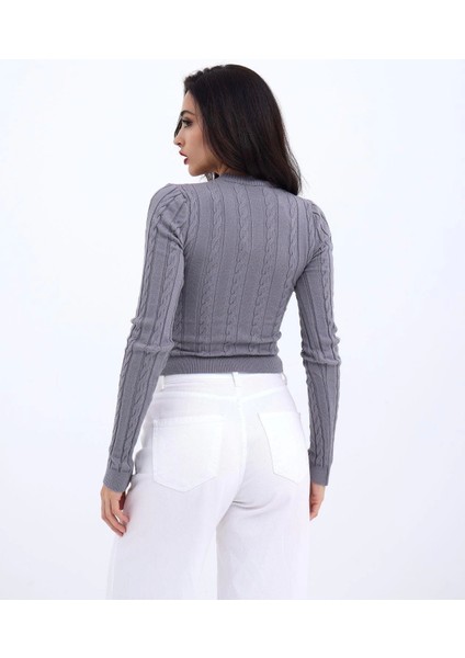 42491 Triko Saç Örgü Crop Kazak-Gri