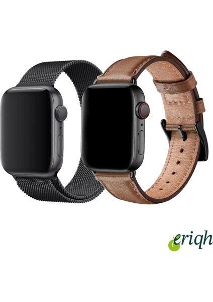 Apple Watch 38-40-41-(42MM10.NESIL) Uyumlu Deri Kordon-Hasır Metal 2'li Set