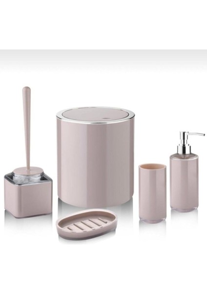 Şık Bej Akrilik 5'li Banyo Seti, Plastik Malzeme, Nikelaj Detaylı