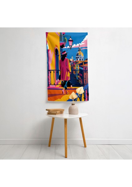 Pop Art Manzara Romantik Duvar Örtüsü - %100 Pamuk Sırtlı, Süblimasyon Baskı, Canlı Renkler