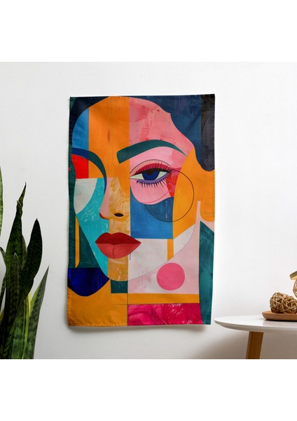 Geometrik Soyut Portre Frida Kahlo Tarzı Duvar Örtüsü - %100 Pamuk Sırt, Polyester Ön, Ranforce