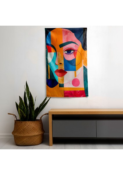 Geometrik Soyut Portre Frida Kahlo Tarzı Duvar Örtüsü - %100 Pamuk Sırt, Polyester Ön, Ranforce