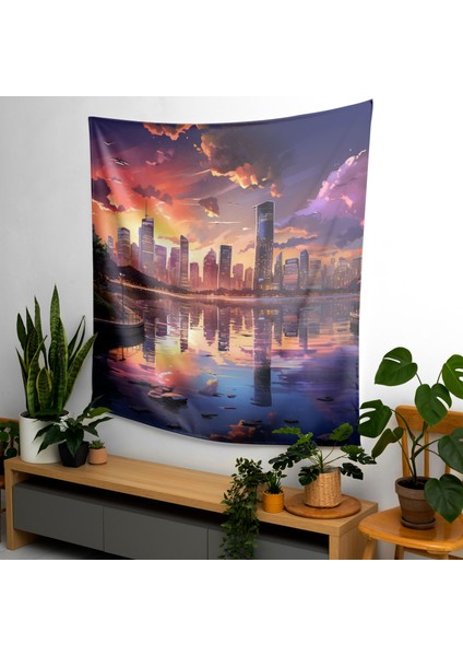 Sunset Şehir Manzarası Duvar Örtüsü - %100 Pamuk Sırt, Polyester Ön - Canlı Renkler, Süblimasyon